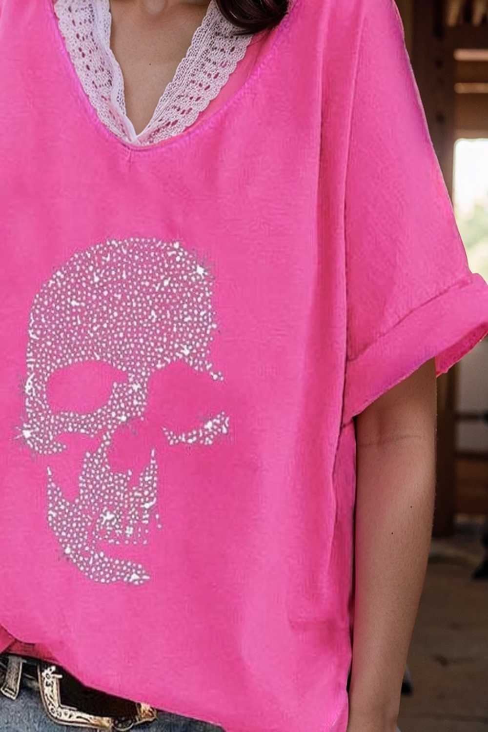 v neck skull print loose short sleeve t shirt 108362
