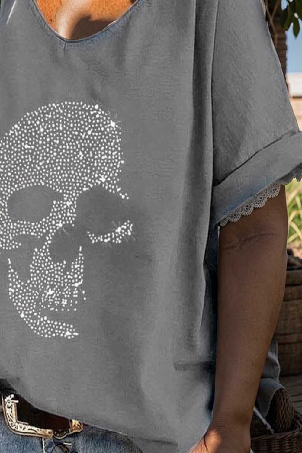 v neck skull print loose short sleeve t shirt 108359