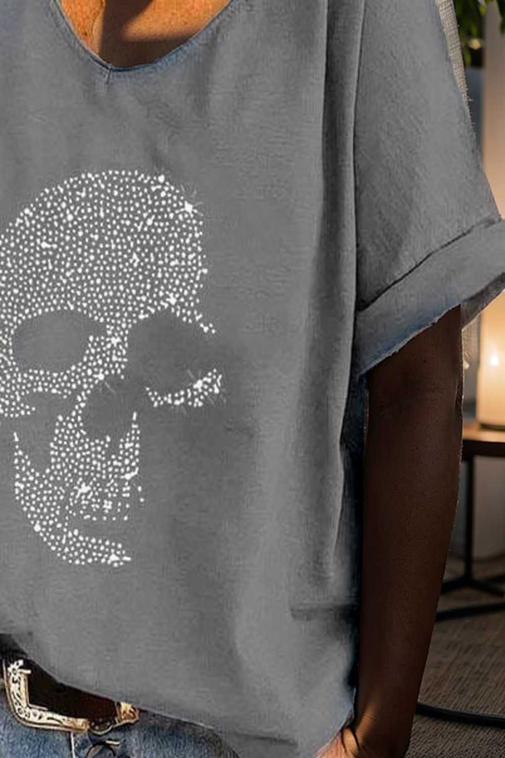 v neck skull print loose short sleeve t shirt 137555