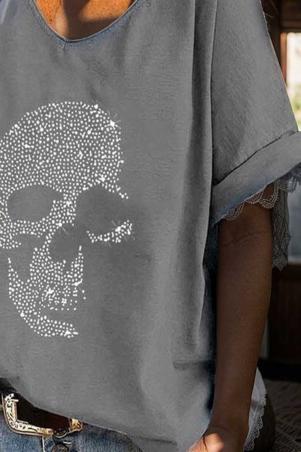 v neck skull print loose short sleeve t shirt 107302