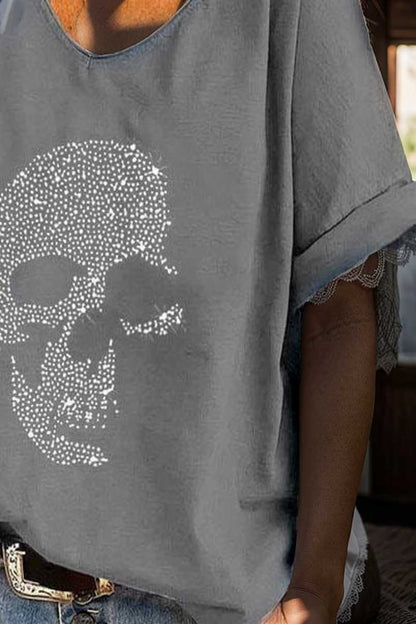v neck skull print loose short sleeve t shirt 107302