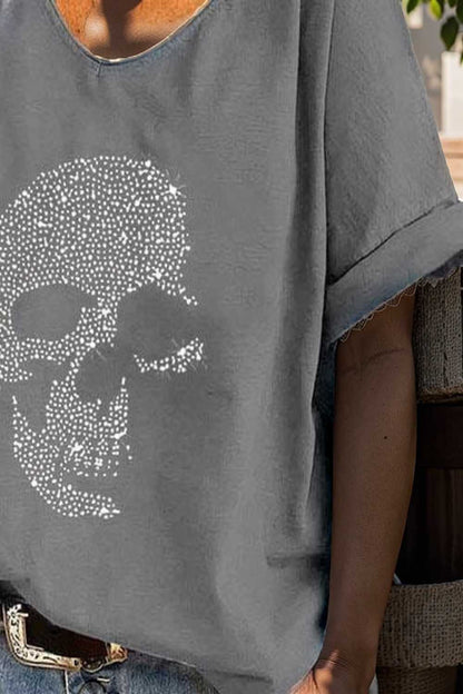 v neck skull print loose short sleeve t shirt 108358