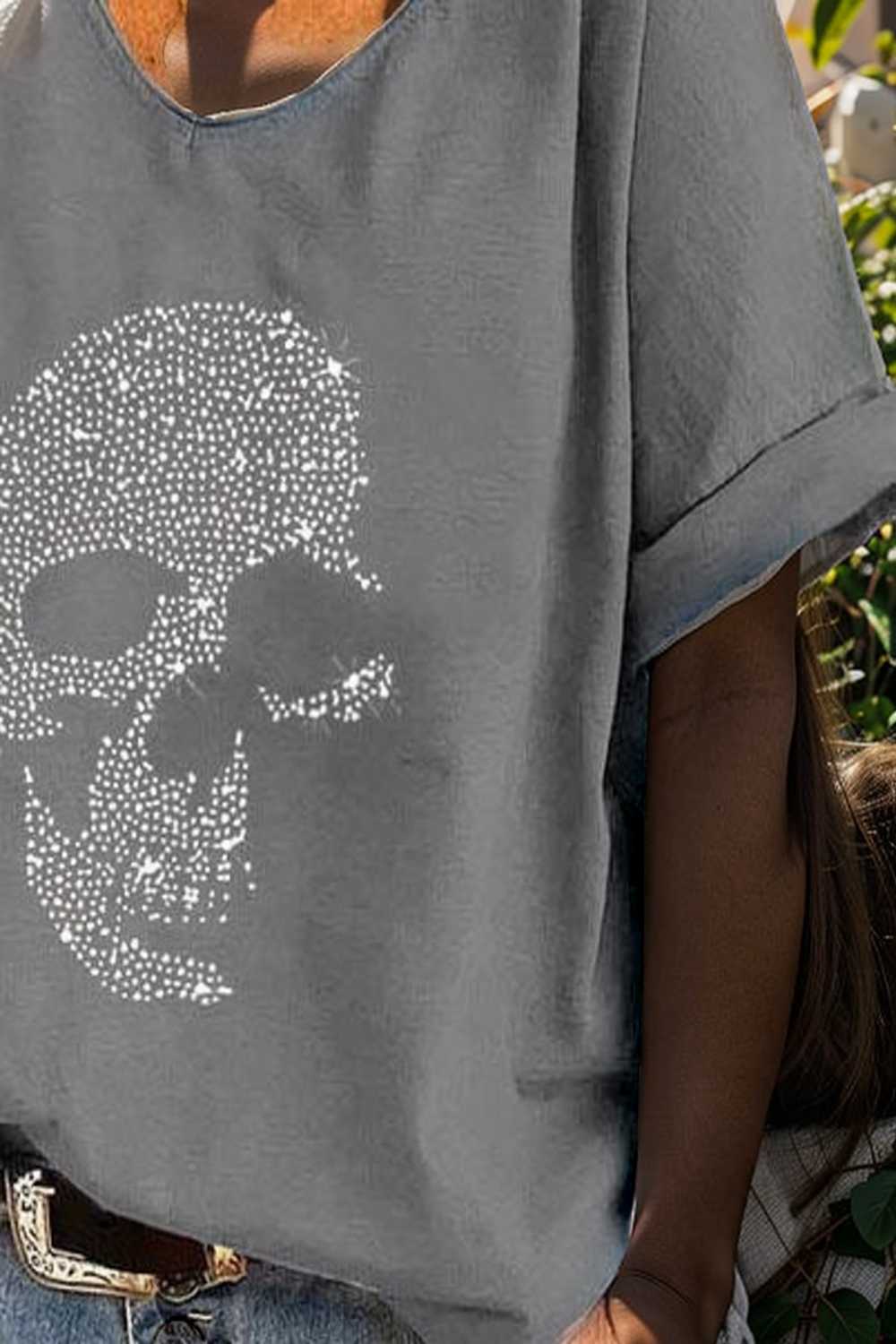 v neck skull print loose short sleeve t shirt 137554