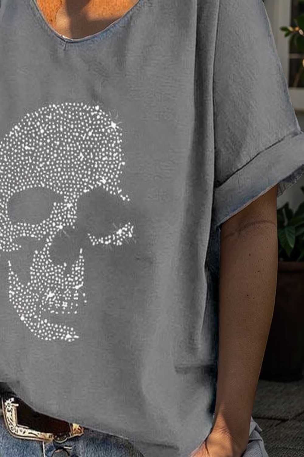 v neck skull print loose short sleeve t shirt 108700