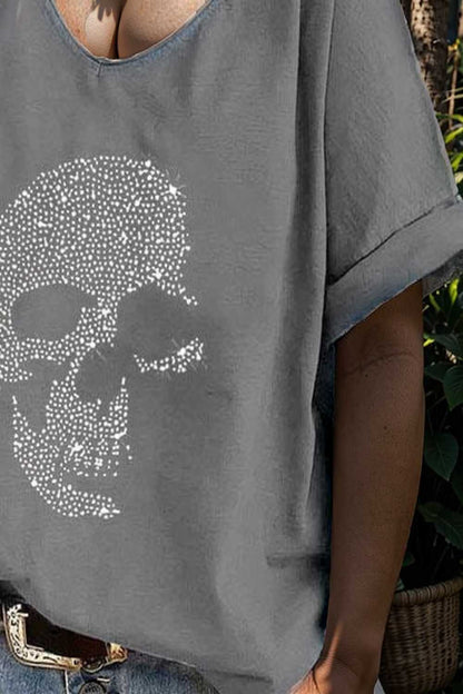 v neck skull print loose short sleeve t shirt 108699