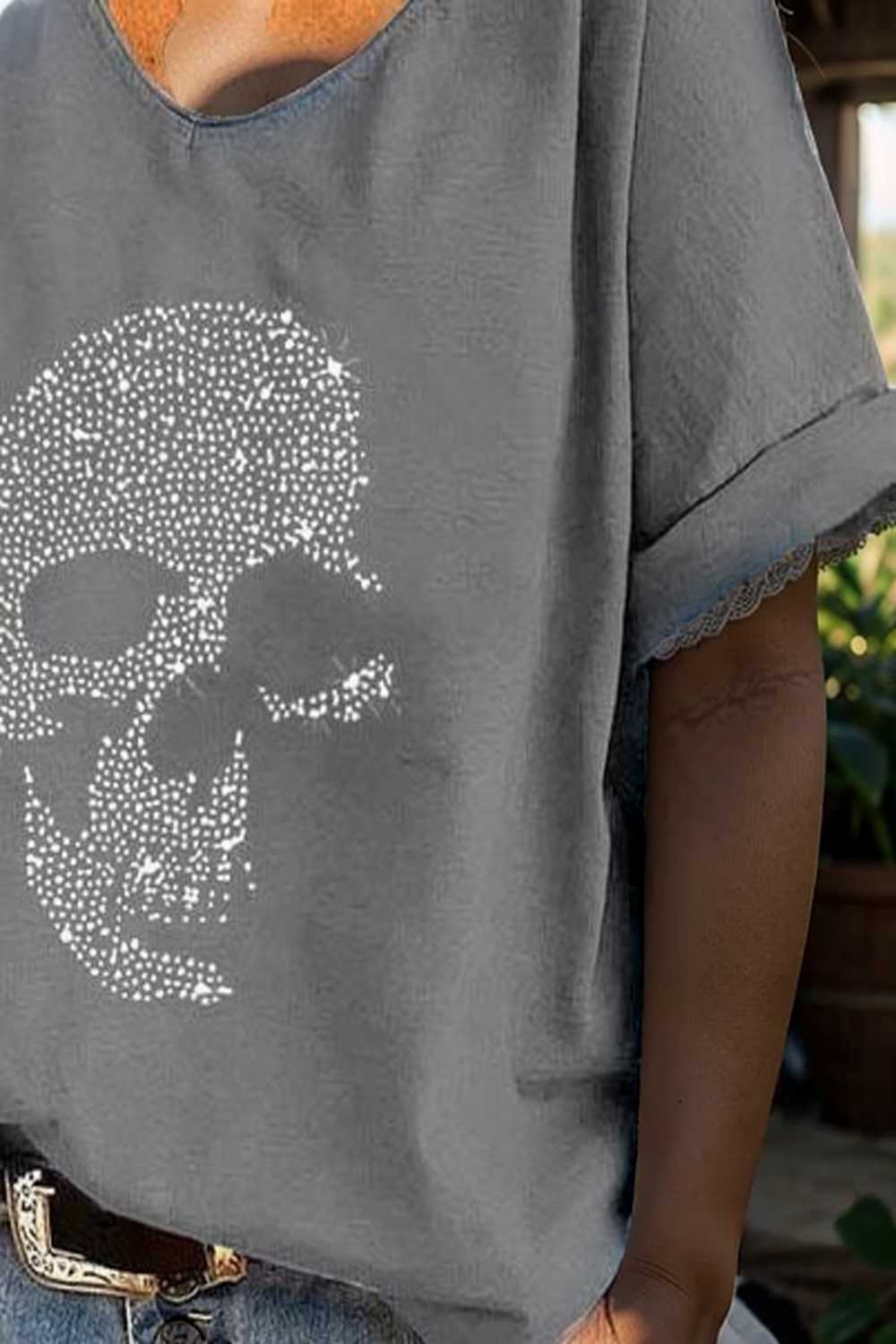 v neck skull print loose short sleeve t shirt 108357
