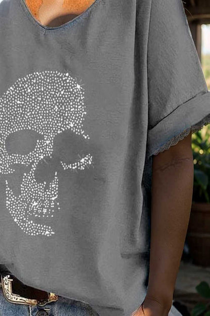 v neck skull print loose short sleeve t shirt 108357