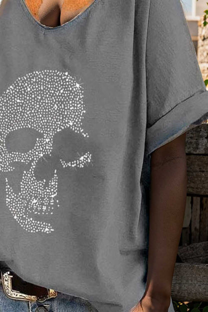 v neck skull print loose short sleeve t shirt 137553