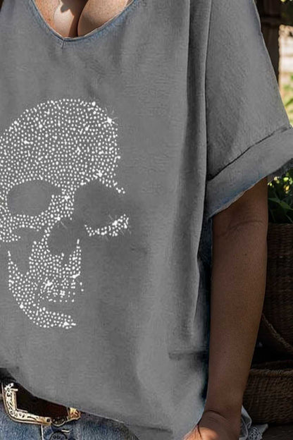 v neck skull print loose short sleeve t shirt 108698