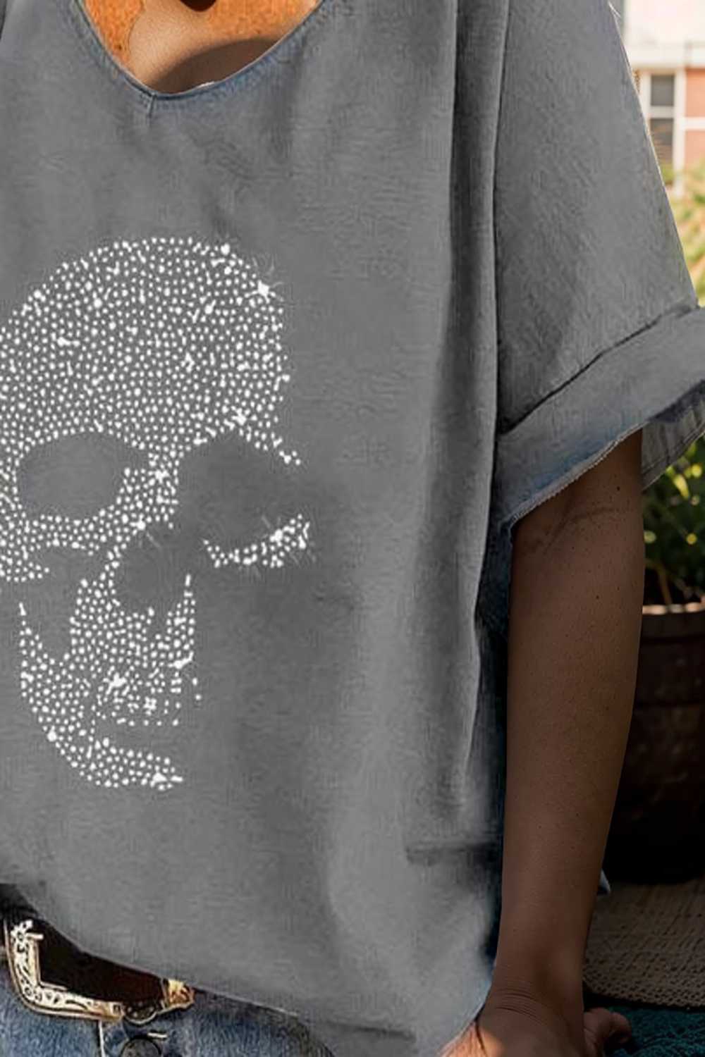 v neck skull print loose short sleeve t shirt 108356