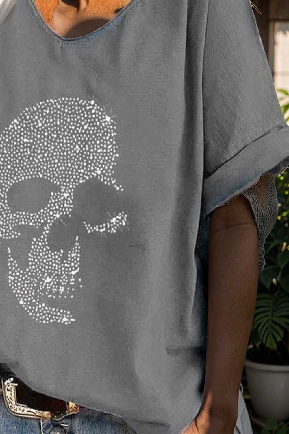 v neck skull print loose short sleeve t shirt 108355