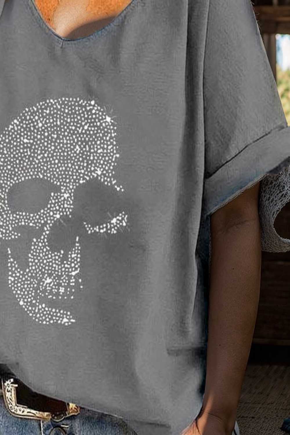 v neck skull print loose short sleeve t shirt 137551