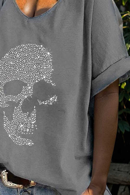 v neck skull print loose short sleeve t shirt 108697