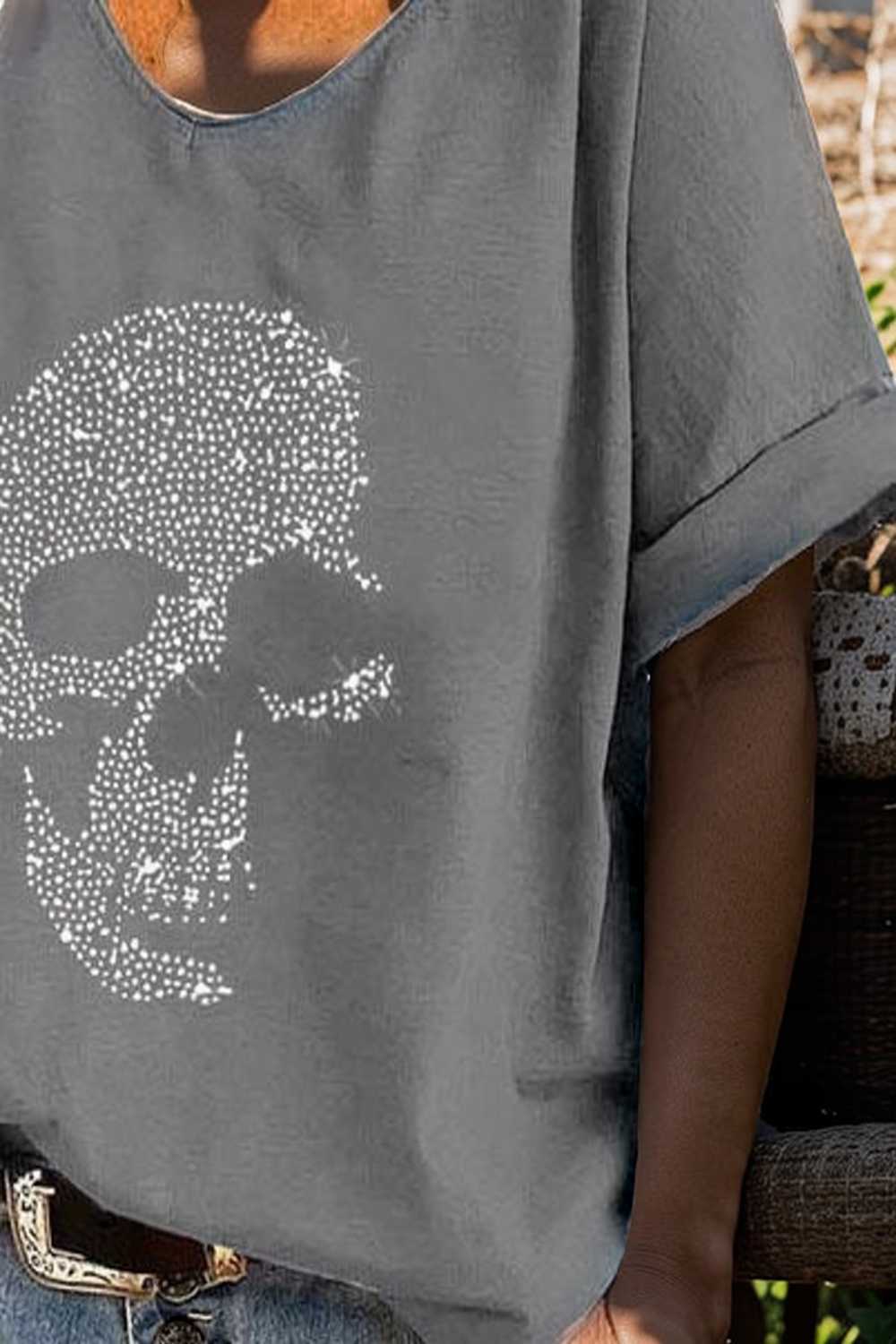v neck skull print loose short sleeve t shirt 108696