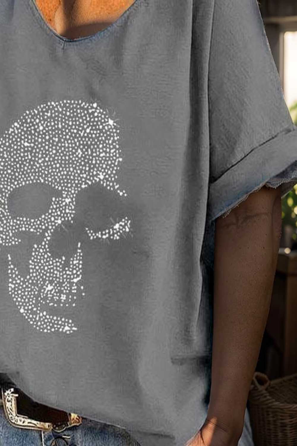 v neck skull print loose short sleeve t shirt 108354