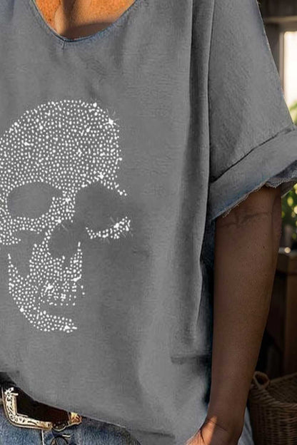 v neck skull print loose short sleeve t shirt 108354