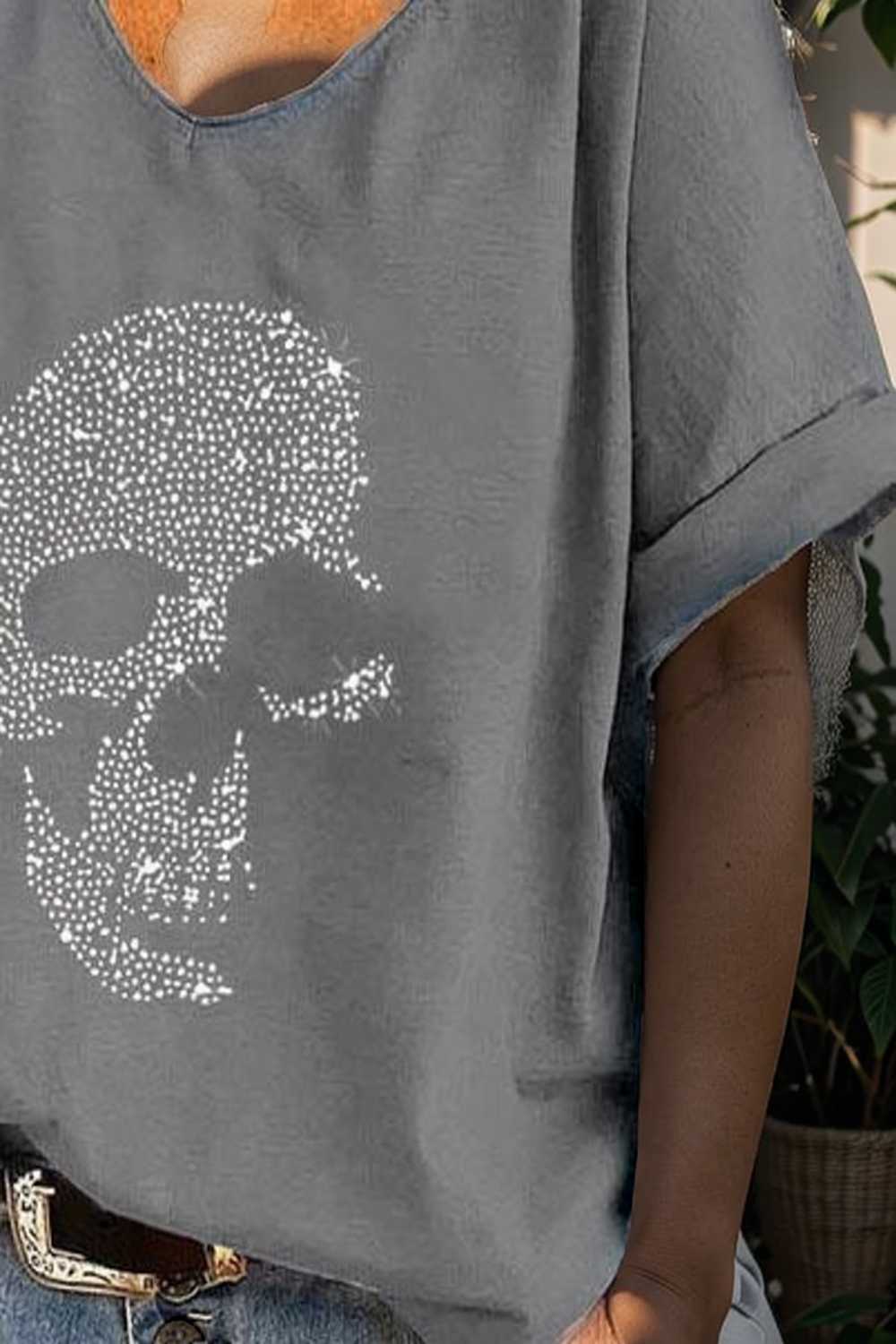 v neck skull print loose short sleeve t shirt 137550