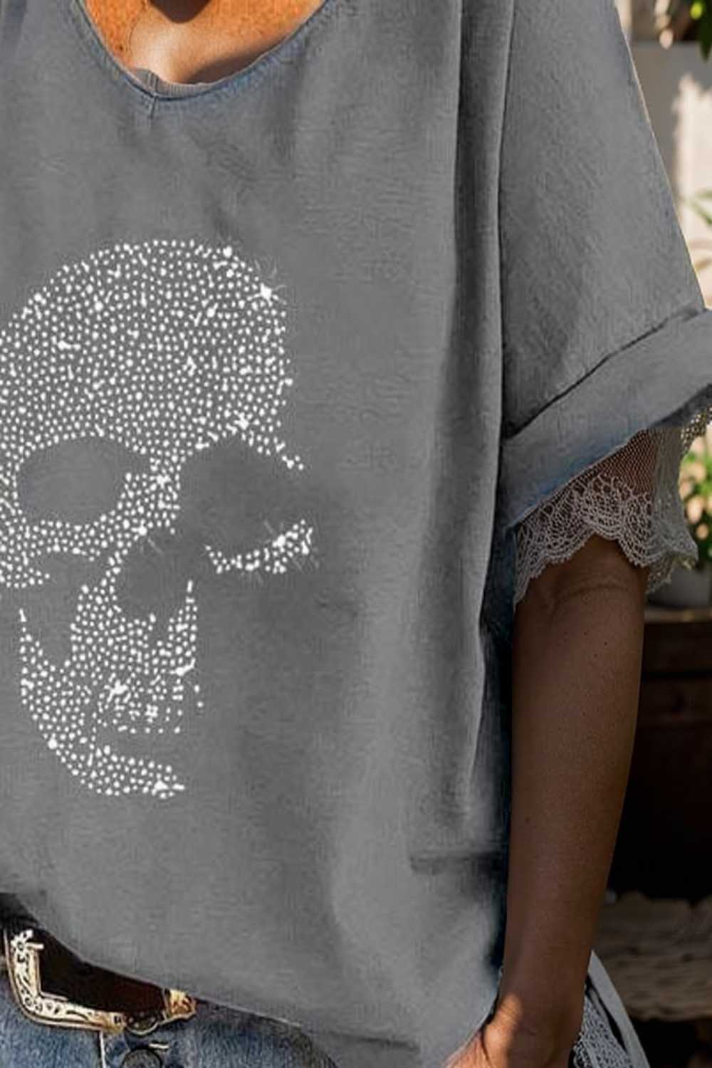 v neck skull print loose short sleeve t shirt 108353