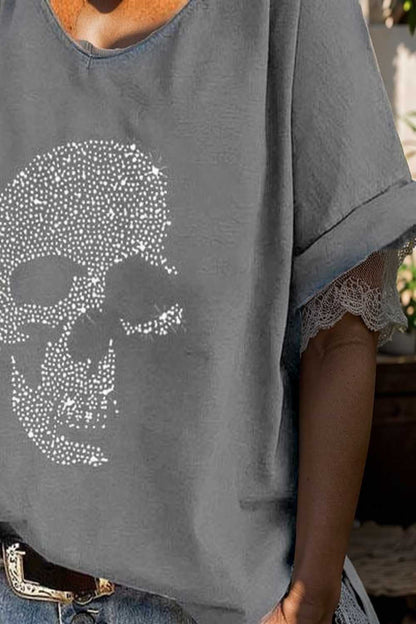 v neck skull print loose short sleeve t shirt 108353