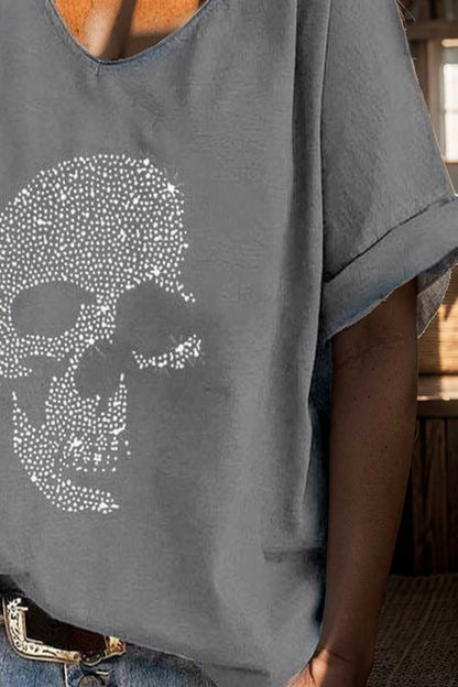 v neck skull print loose short sleeve t shirt 137548