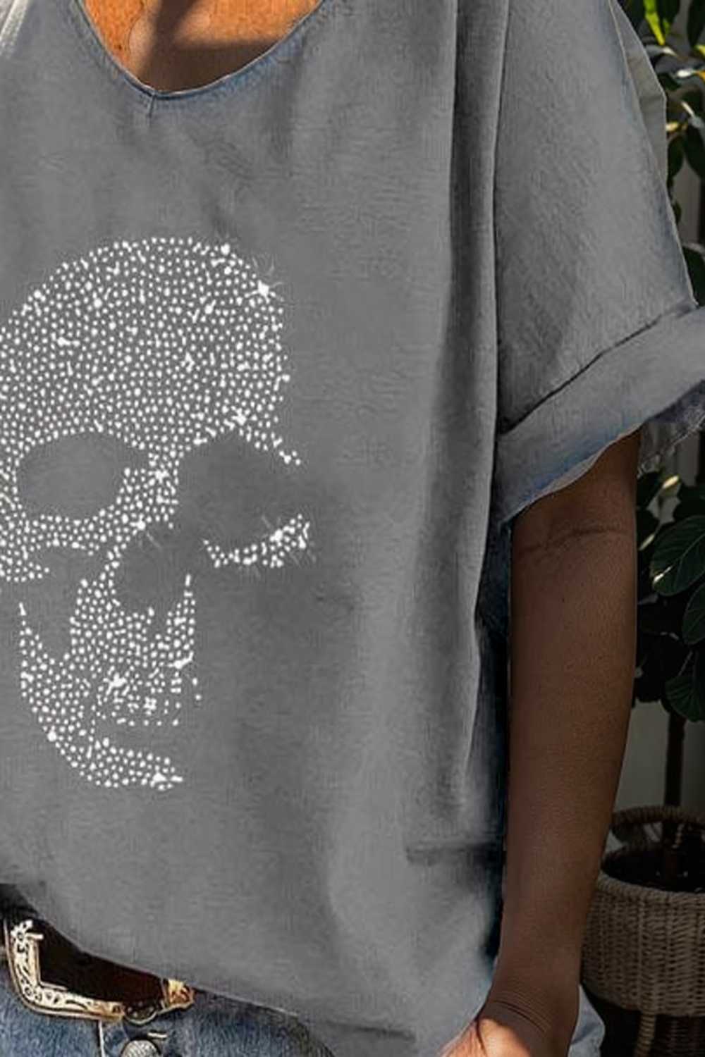 v neck skull print loose short sleeve t shirt 108352