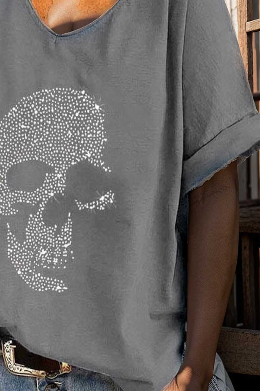 v neck skull print loose short sleeve t shirt 137546