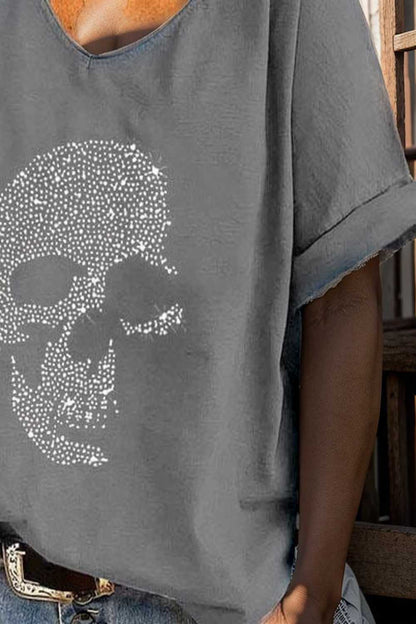 v neck skull print loose short sleeve t shirt 137546