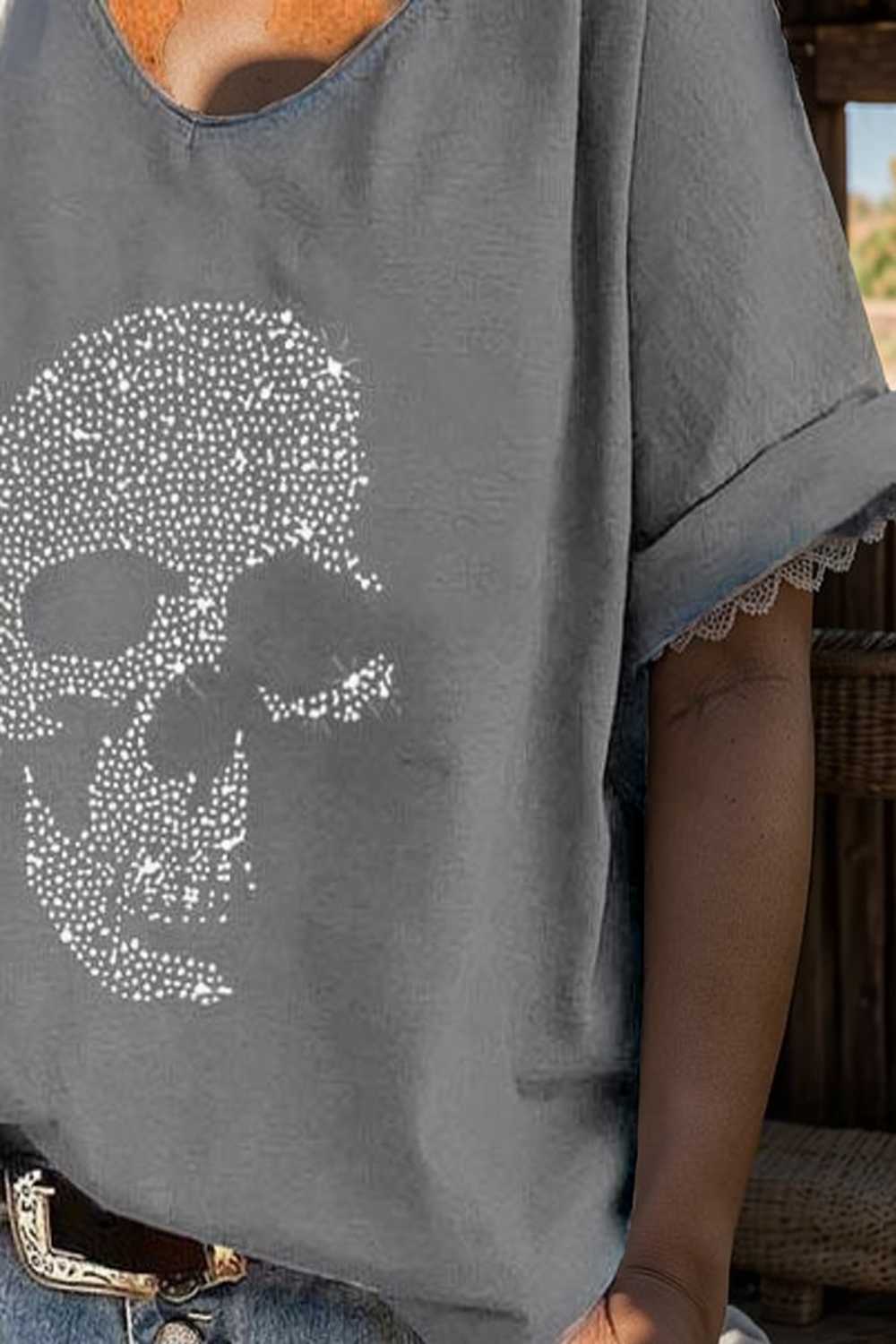 v neck skull print loose short sleeve t shirt 108350