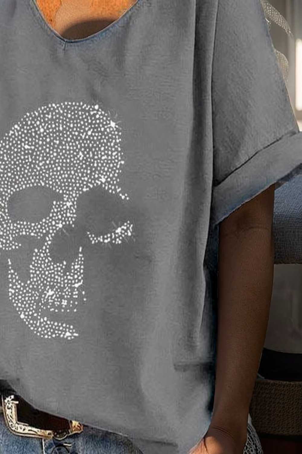 v neck skull print loose short sleeve t shirt 108349