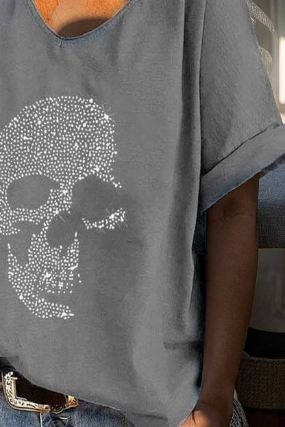 v neck skull print loose short sleeve t shirt 108349