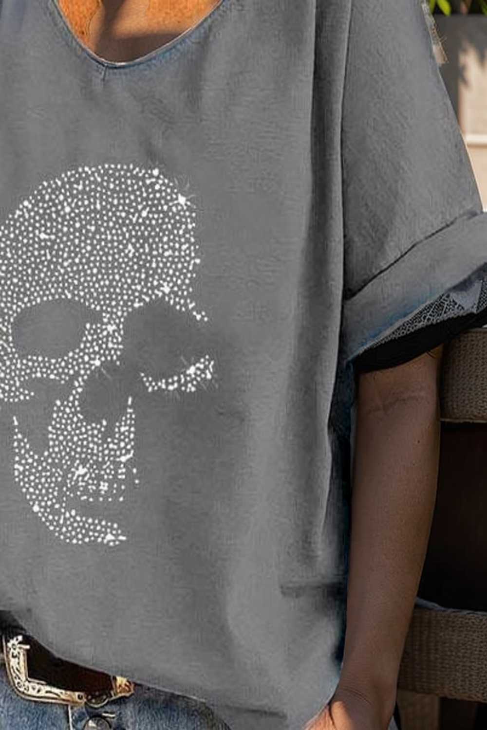 v neck skull print loose short sleeve t shirt 108348