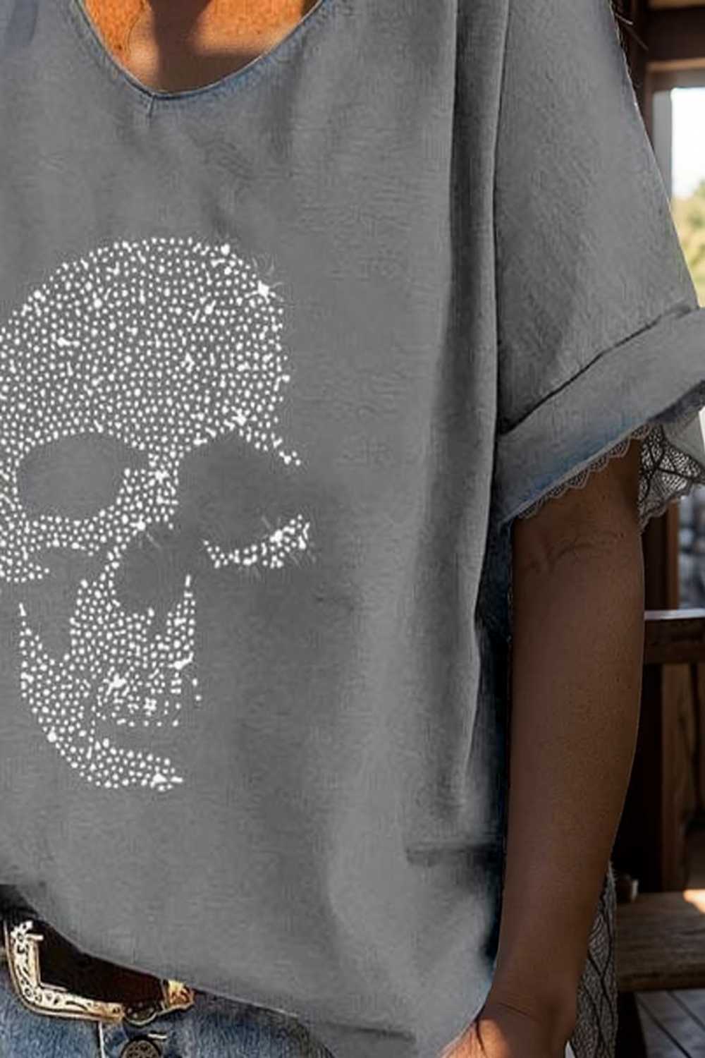 v neck skull print loose short sleeve t shirt 137544