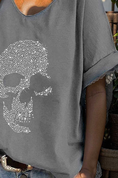 v neck skull print loose short sleeve t shirt 137543