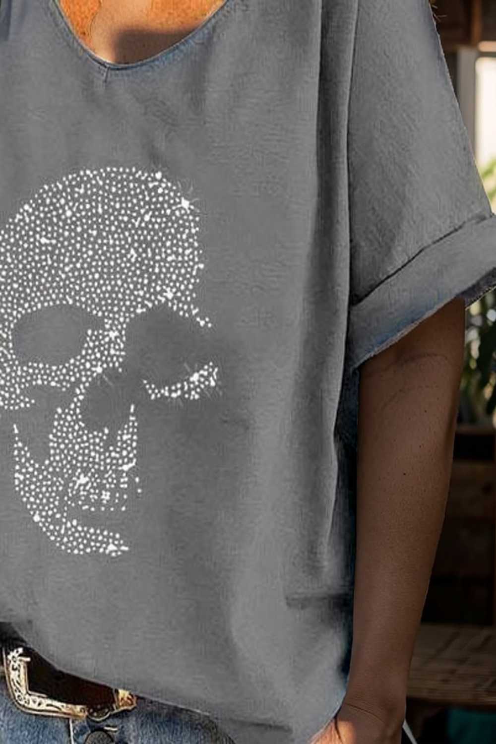 v neck skull print loose short sleeve t shirt 108347