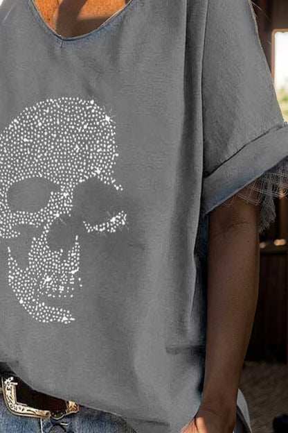 v neck skull print loose short sleeve t shirt 137542