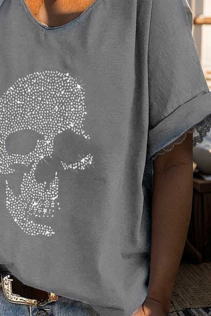 v neck skull print loose short sleeve t shirt 137541