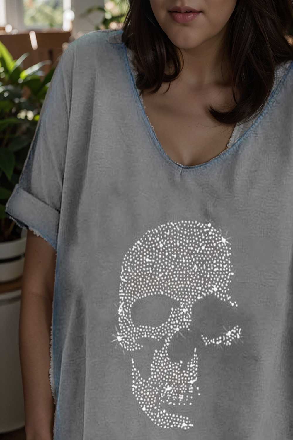 v neck skull print loose short sleeve t shirt 107301