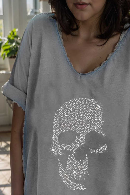 v neck skull print loose short sleeve t shirt 111048