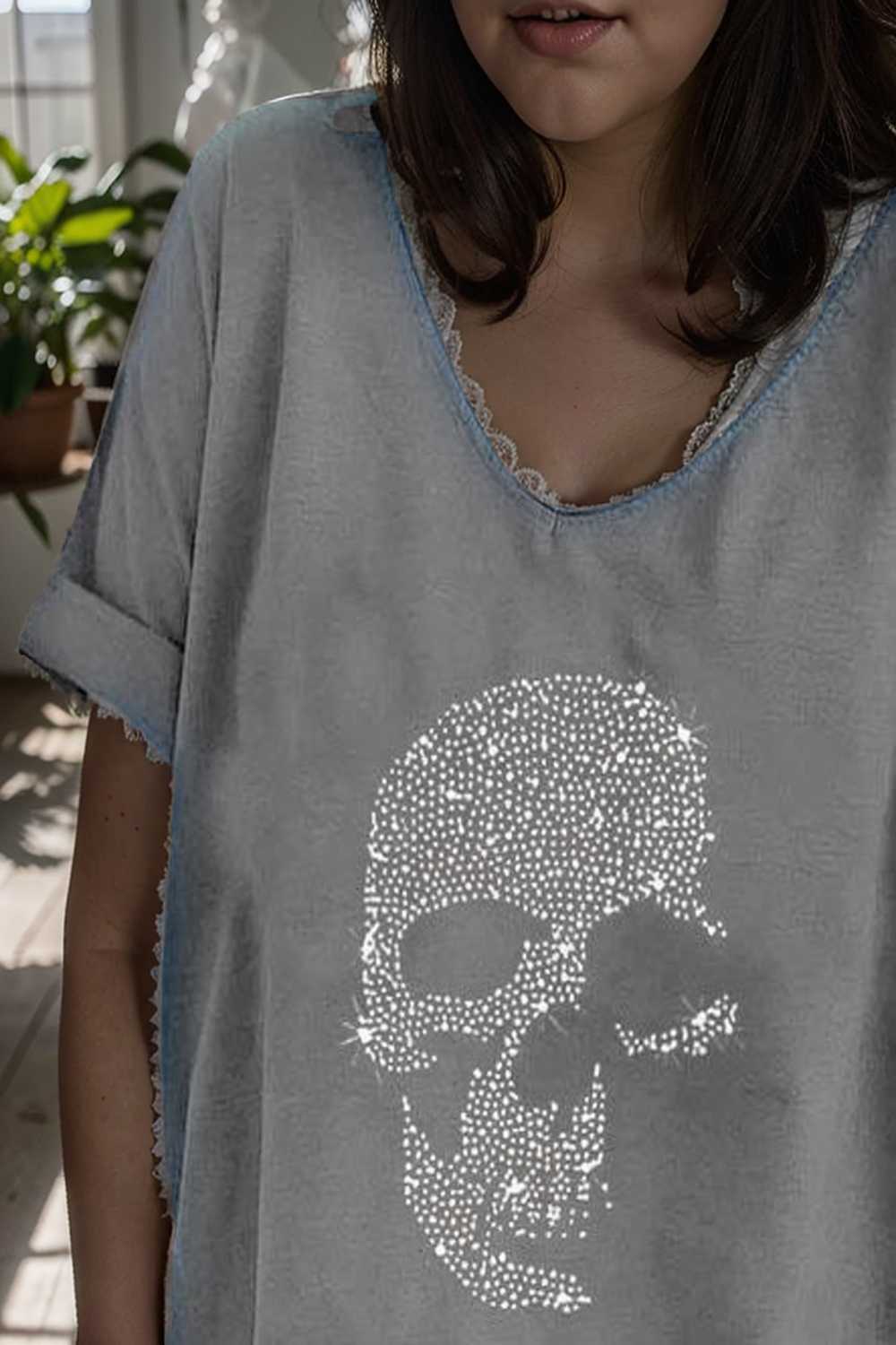 v neck skull print loose short sleeve t shirt 137538