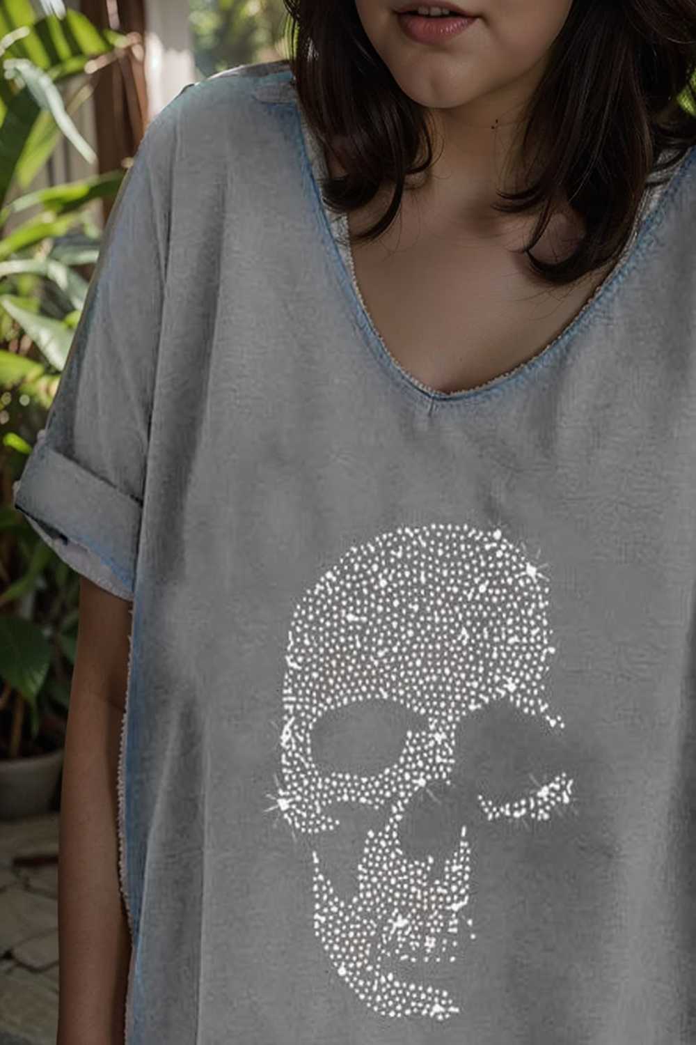 v neck skull print loose short sleeve t shirt 108346