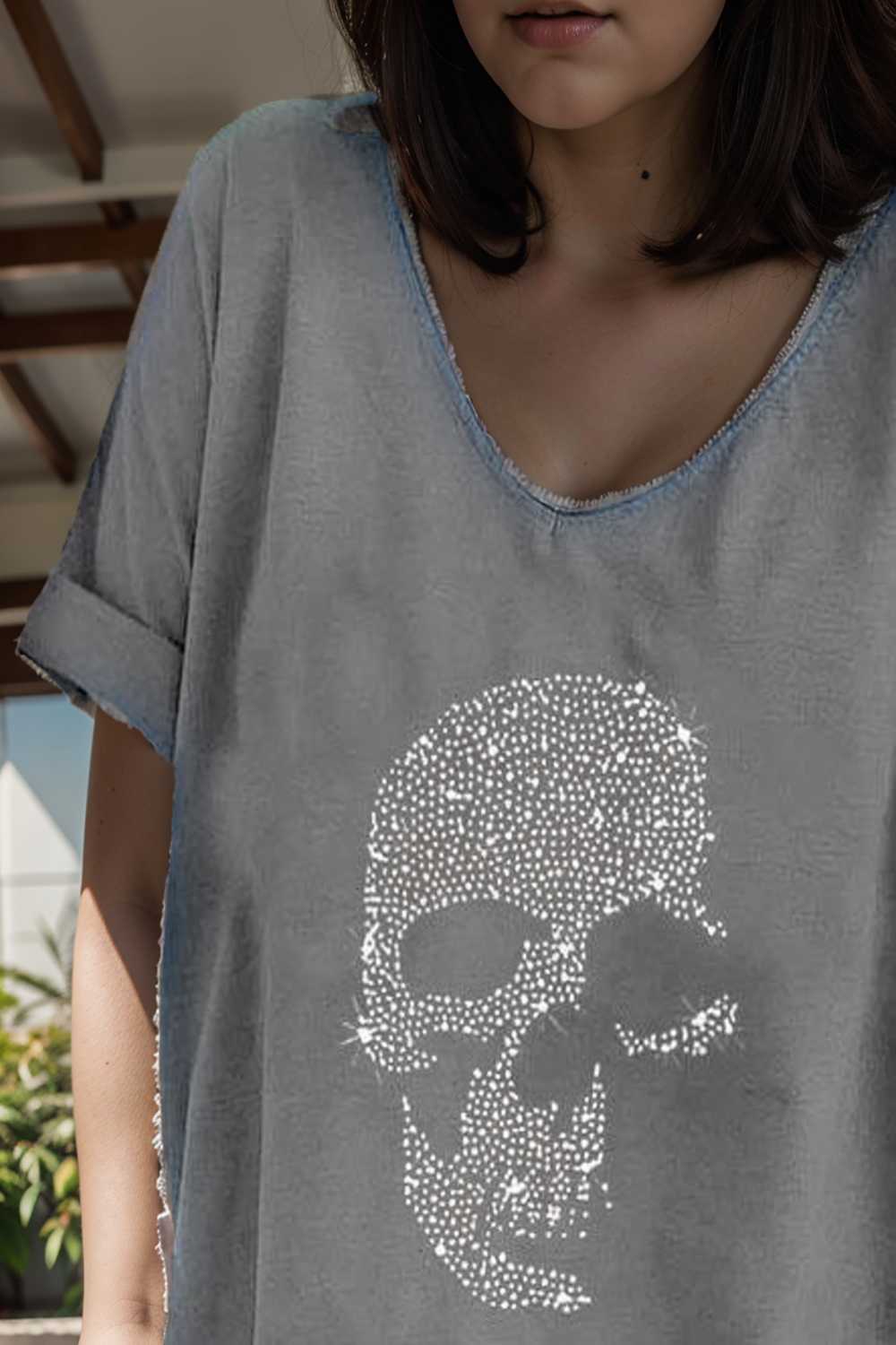 v neck skull print loose short sleeve t shirt 108345