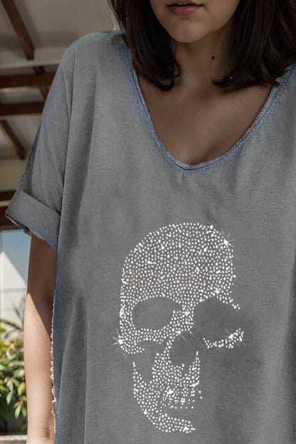 v neck skull print loose short sleeve t shirt 108345