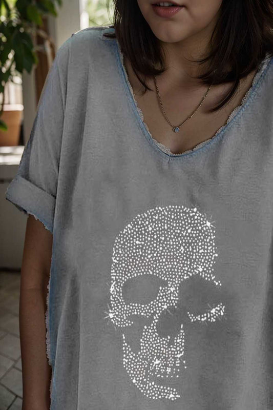 v neck skull print loose short sleeve t shirt 107300