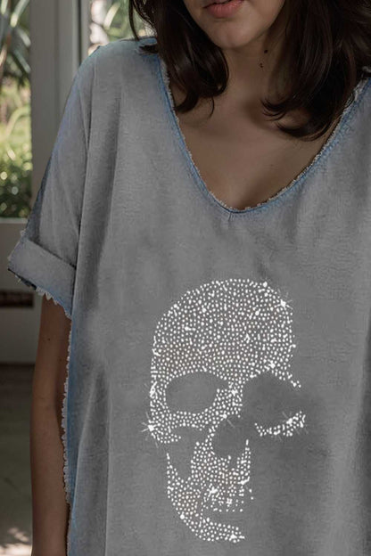 v neck skull print loose short sleeve t shirt 108693