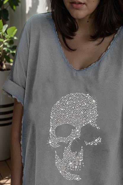 v neck skull print loose short sleeve t shirt 108692