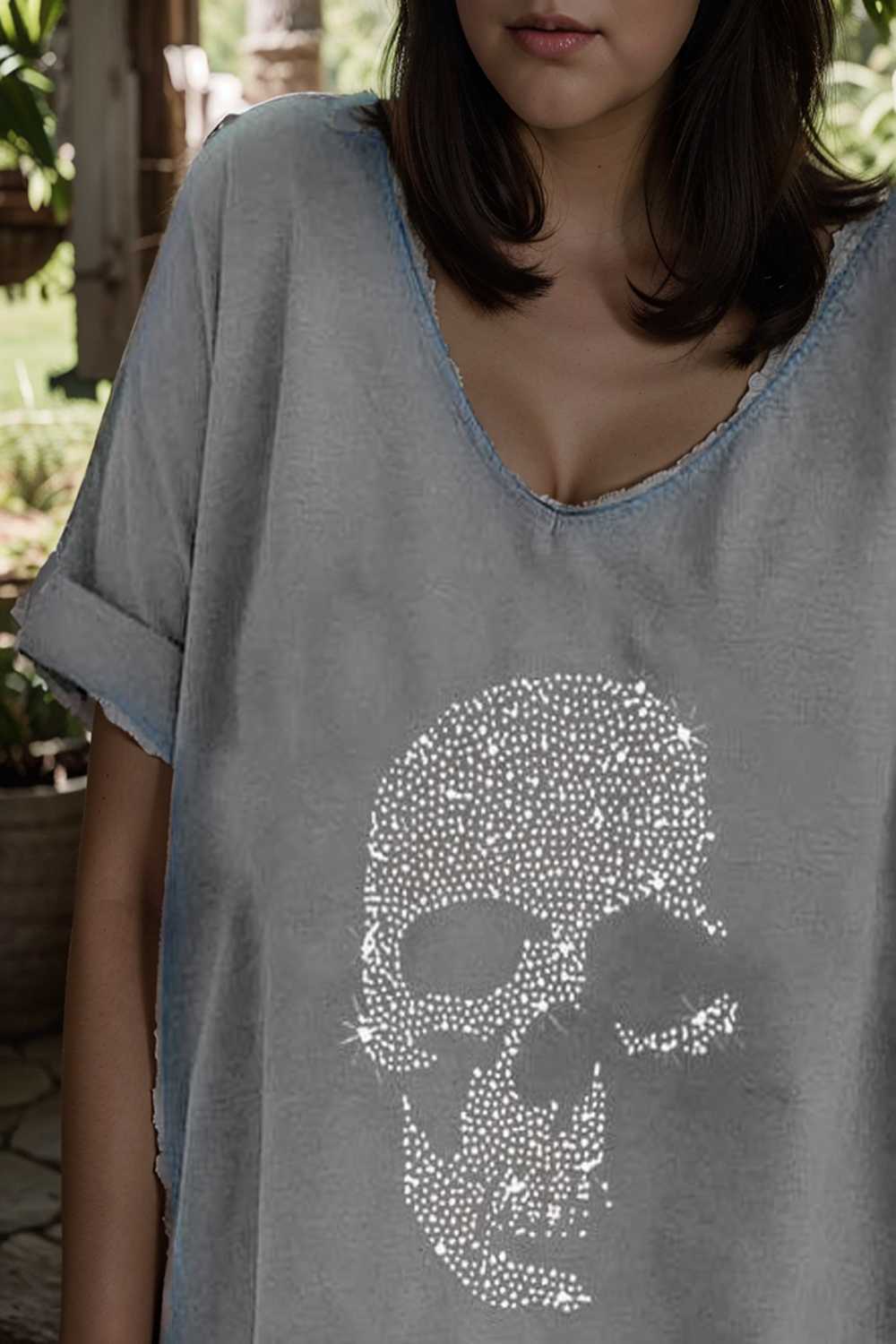 v neck skull print loose short sleeve t shirt 108344