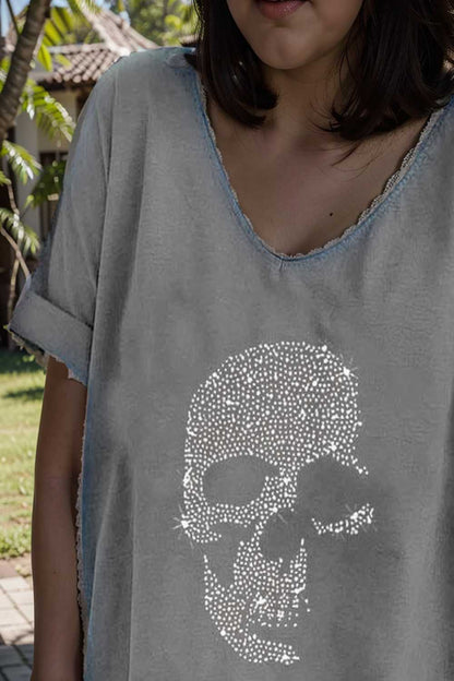 v neck skull print loose short sleeve t shirt 108343