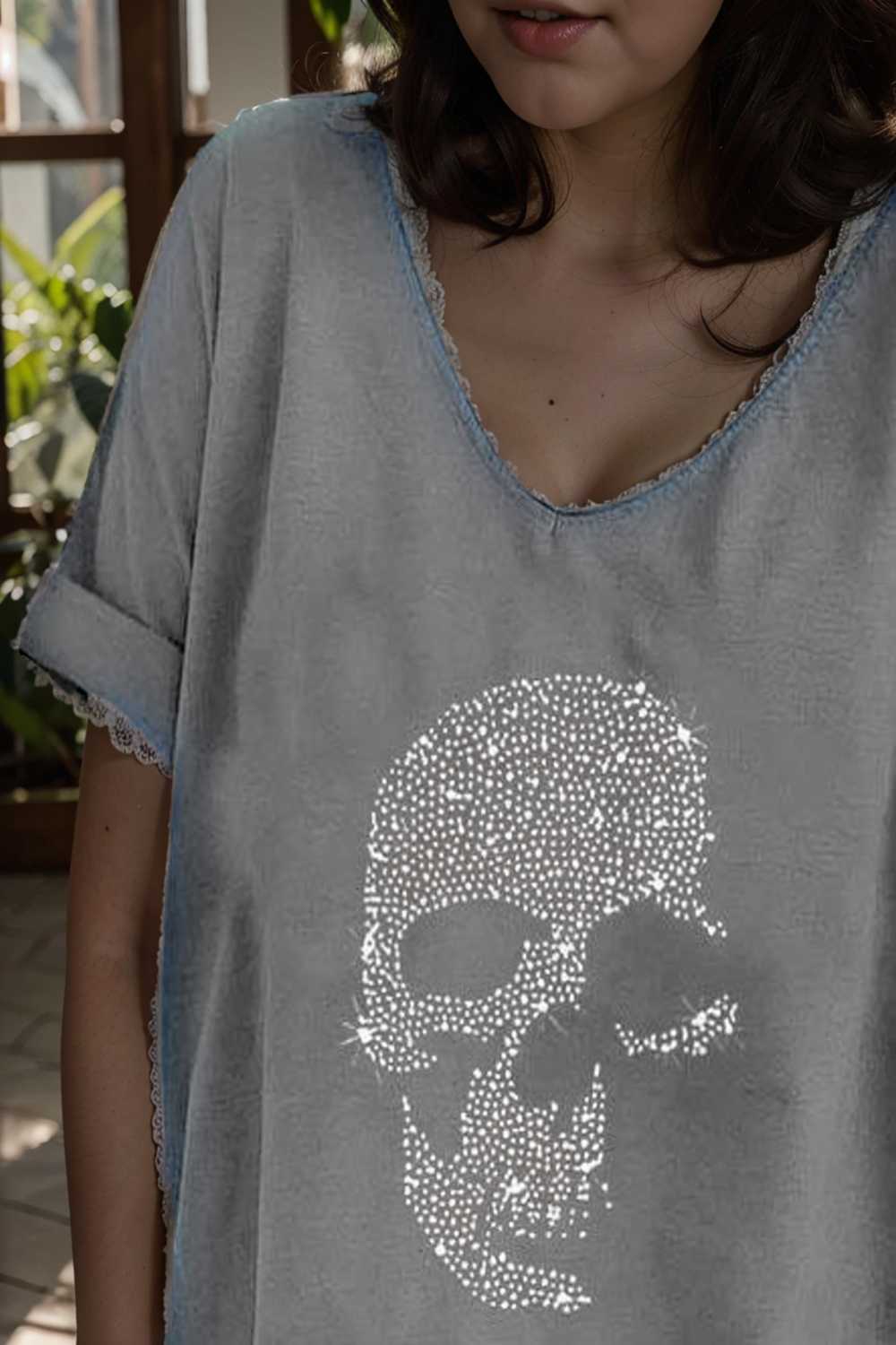 v neck skull print loose short sleeve t shirt 108342