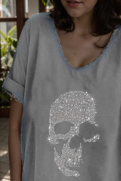 v neck skull print loose short sleeve t shirt 108342