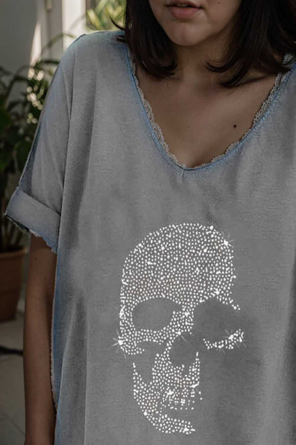 v neck skull print loose short sleeve t shirt 108689